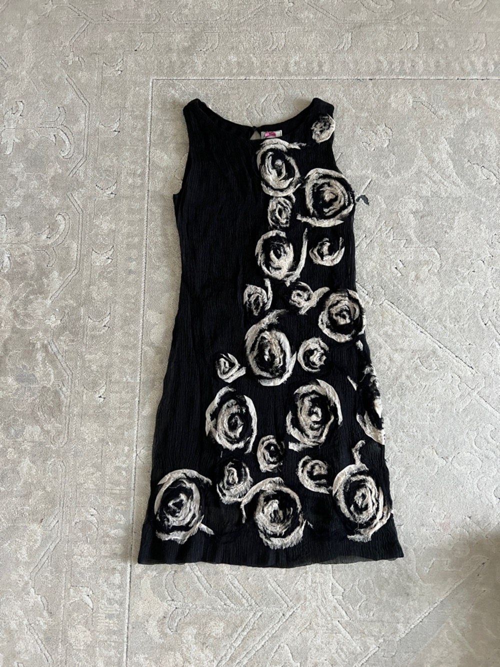Yoana Baraschi Black Textured Dress with White Floral Appliqués